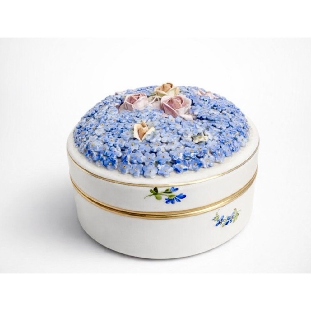 Vintage German Elfinware Porcelain Trinket Dish Applied Forget Me Nots Pink Rose